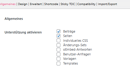 Das Backend von Easy Table of Contents